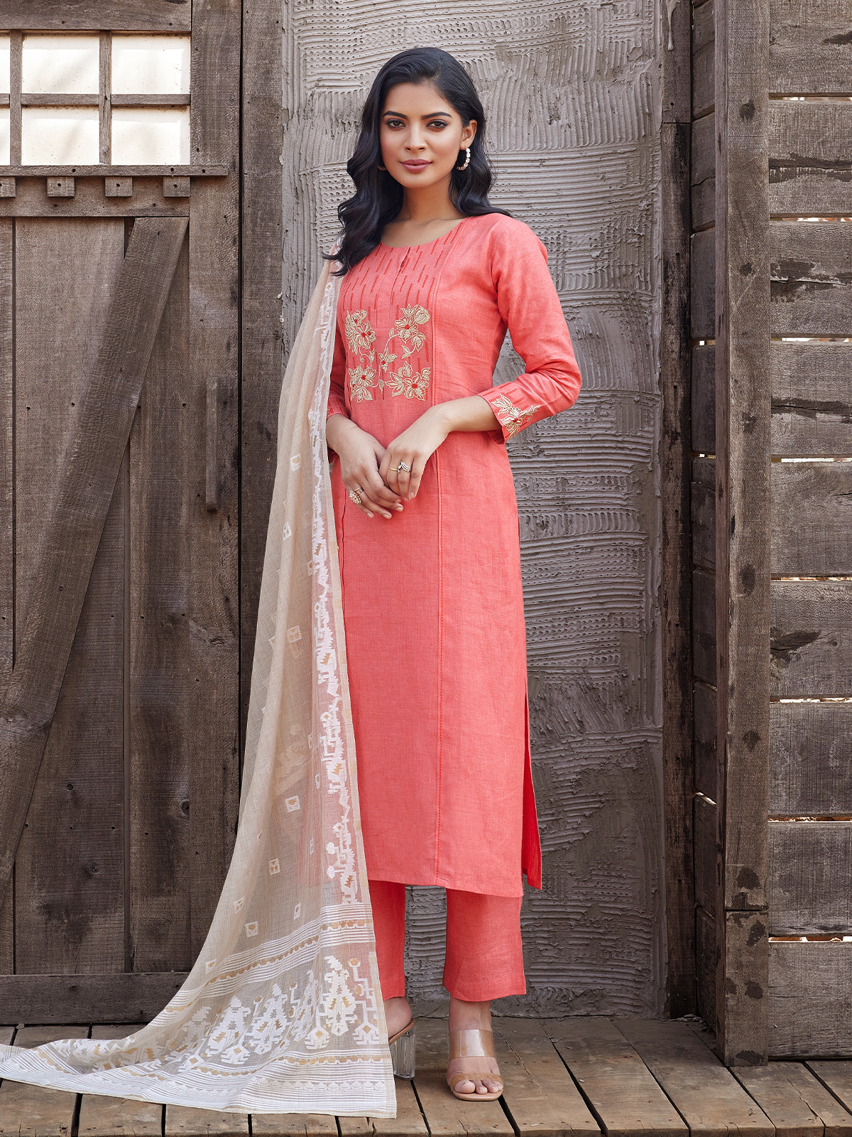 Fiery Red Georgette Floor Length Kurti with Red Mirror and Stone Dupatta -  anokherang - 3562598